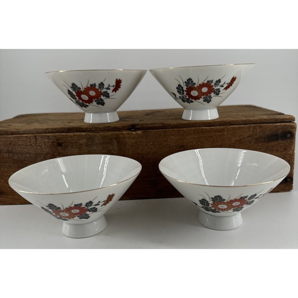Rice Bowls Set of 4 Japanese Porcelain Vintage Red Poppy Floral Gold‎ Trim